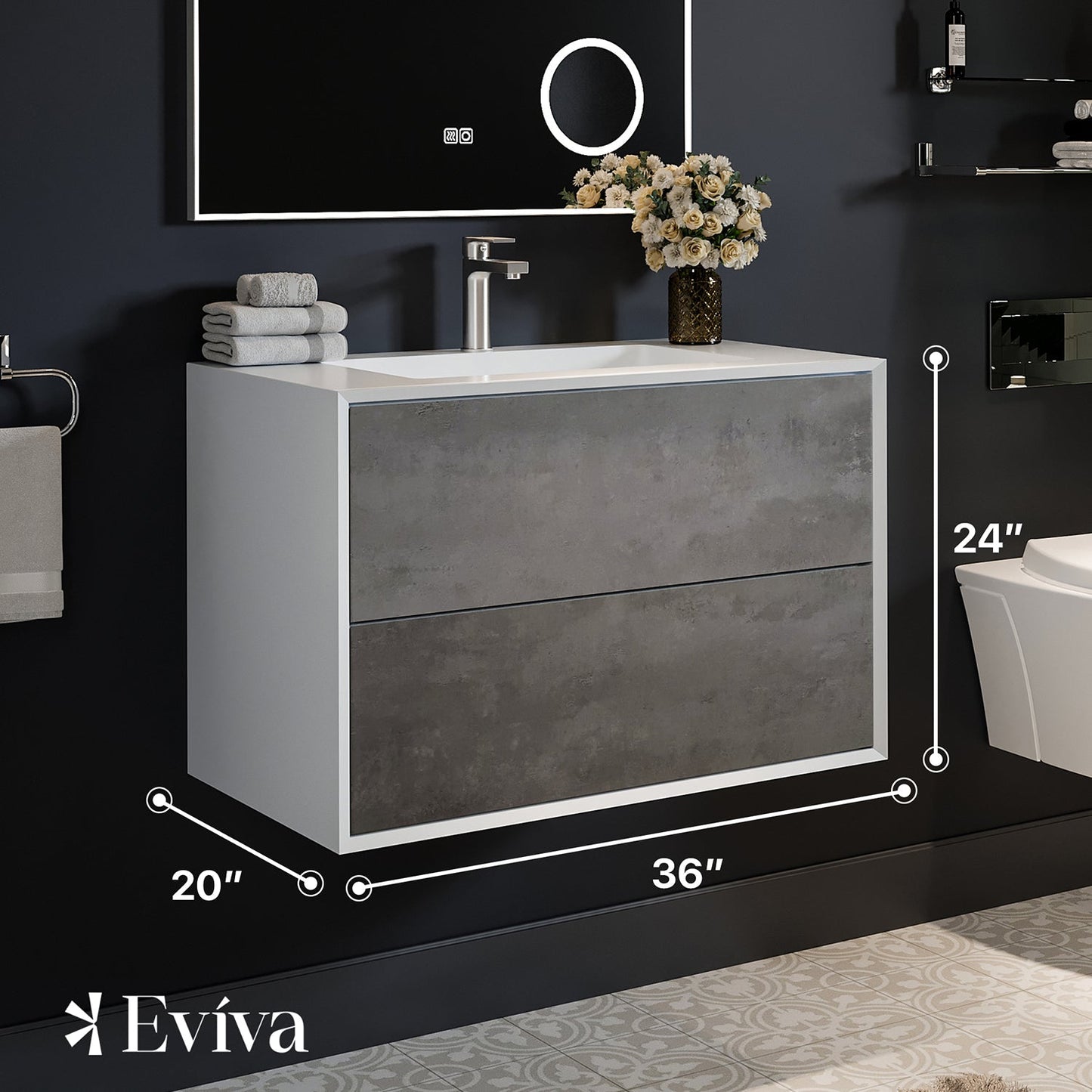 Eviva Vienna 36" Cement Gray w/ White Frame Wall Mount Bathroom Vanity w/ White Integrated Top