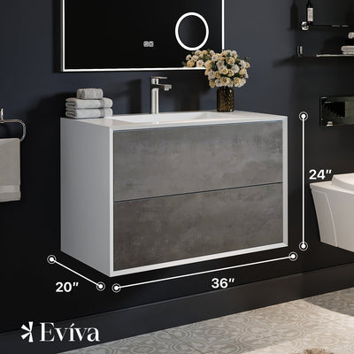 Vienna 36"W x 19"D Concrete Gray Wall Mount Bathroom Vanity with White Acrylic Countertop and Integrated Sink