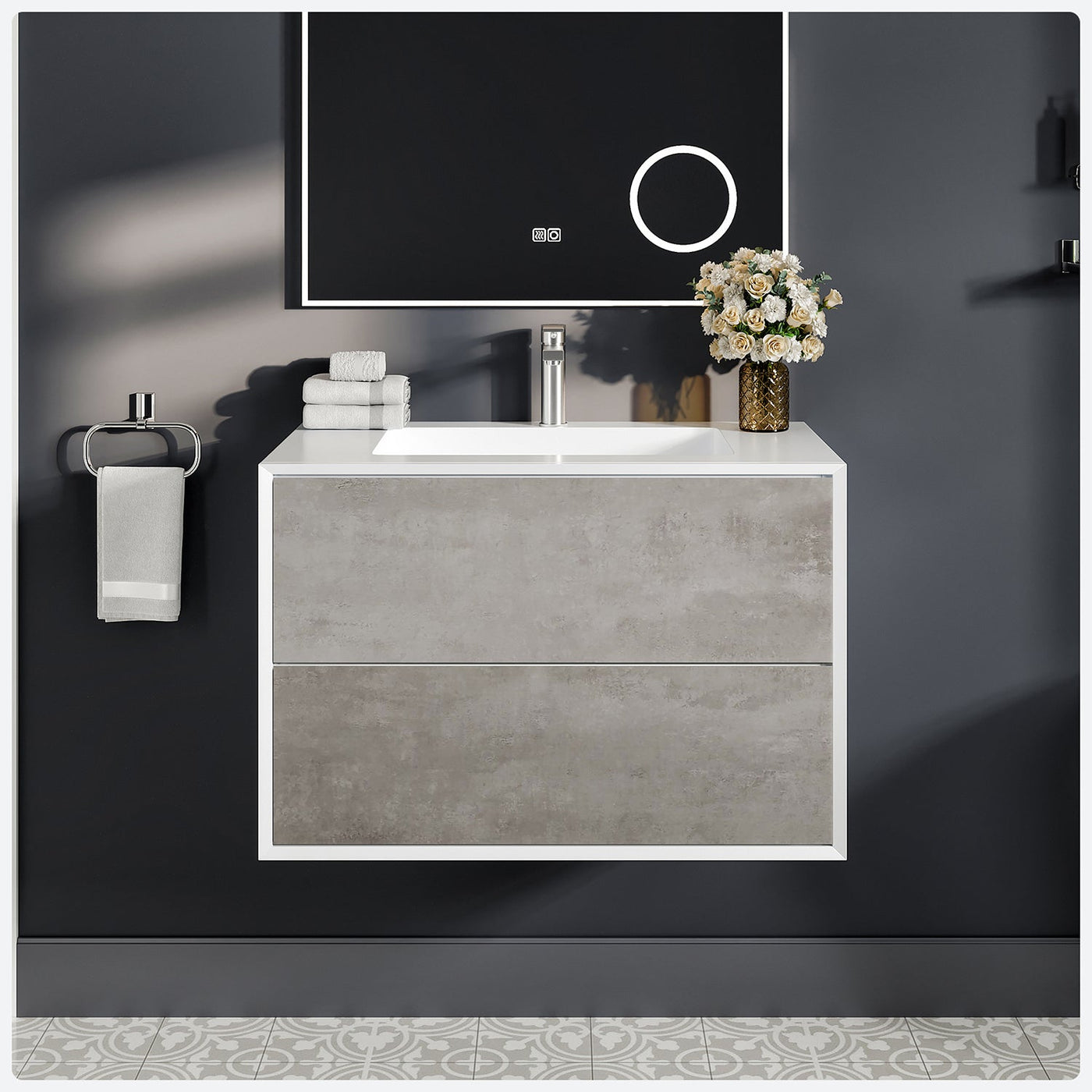 Vienna 36"W x 19"D Concrete Gray Wall Mount Bathroom Vanity with White Acrylic Countertop and Integrated Sink